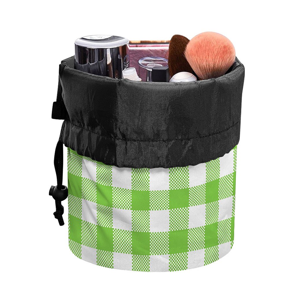 Pear Green And White Gingham Print Drawstring Makeup Bag