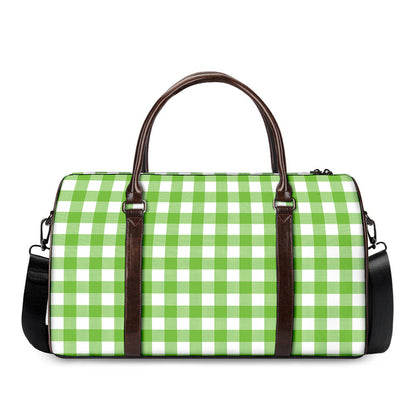 Pear Green And White Gingham Print Duffle Bag
