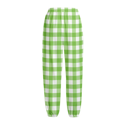 Pear Green And White Gingham Print Fleece Lined Knit Pants