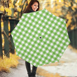 Pear Green And White Gingham Print Foldable Umbrella