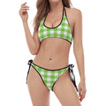 Pear Green And White Gingham Print Halter Scoop Tie Side Bikini