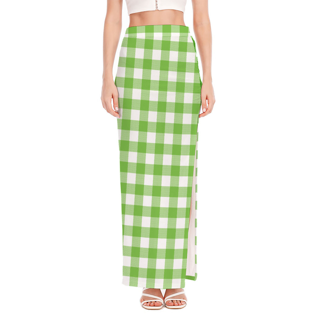 Pear Green And White Gingham Print High Slit Maxi Skirt