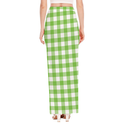 Pear Green And White Gingham Print High Slit Maxi Skirt