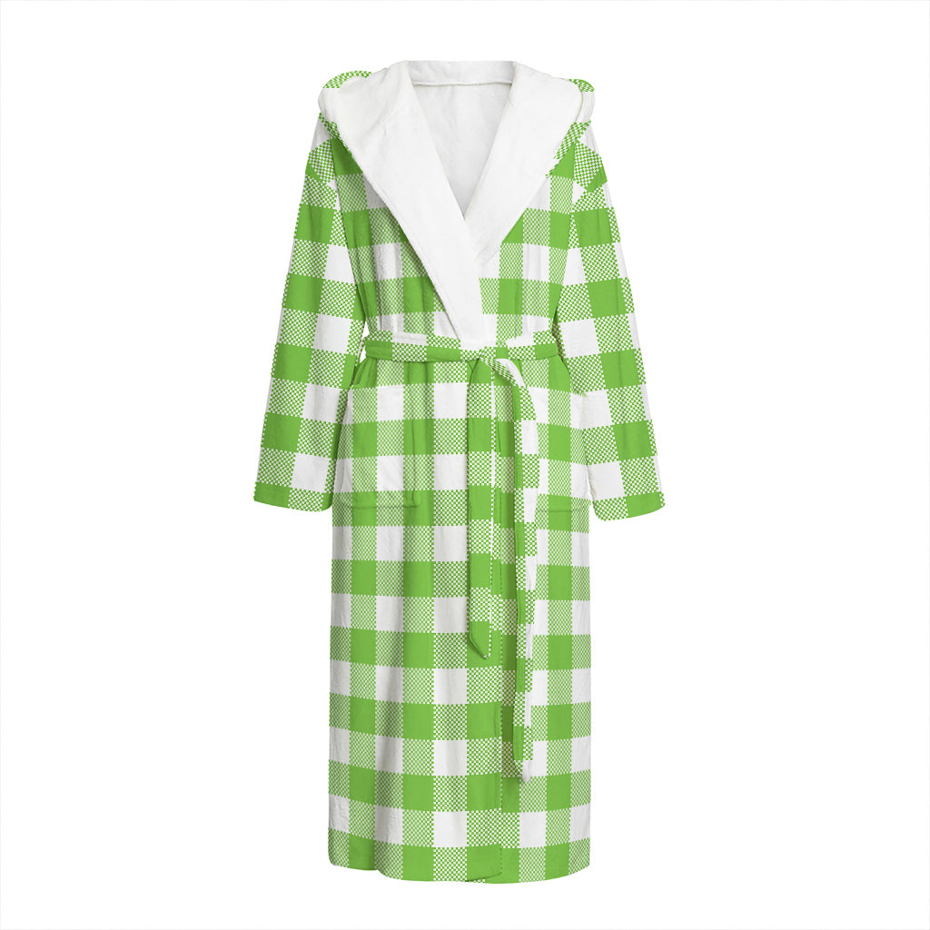 Pear Green And White Gingham Print Hooded Bathrobe