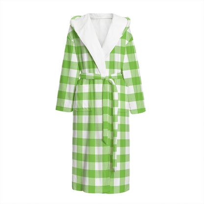 Pear Green And White Gingham Print Hooded Bathrobe