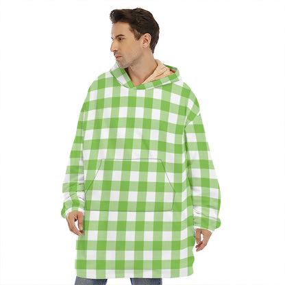 Pear Green And White Gingham Print Hoodie Blanket