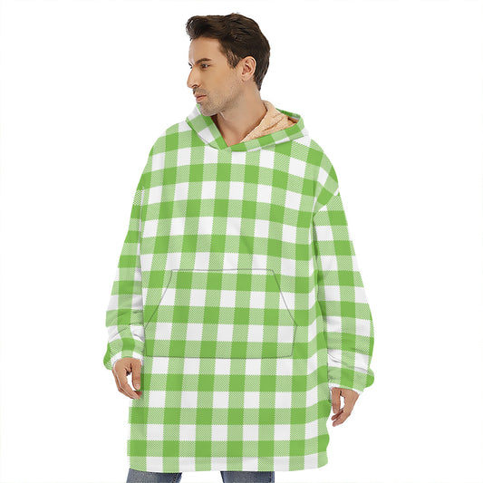 Pear Green And White Gingham Print Hoodie Blanket