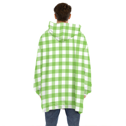 Pear Green And White Gingham Print Hoodie Blanket