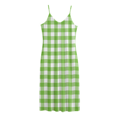 Pear Green And White Gingham Print Jersey Midi Cami Dress