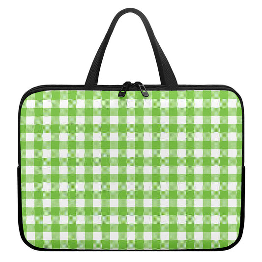 Pear Green And White Gingham Print Laptop Sleeve With Handle