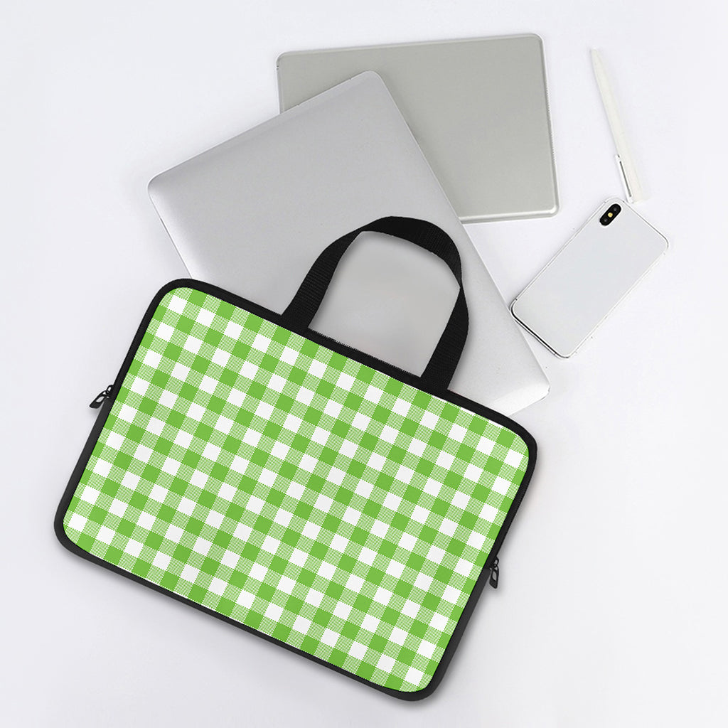 Pear Green And White Gingham Print Laptop Sleeve With Handle