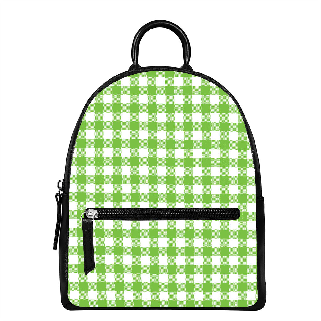 Pear Green And White Gingham Print Leather Backpack