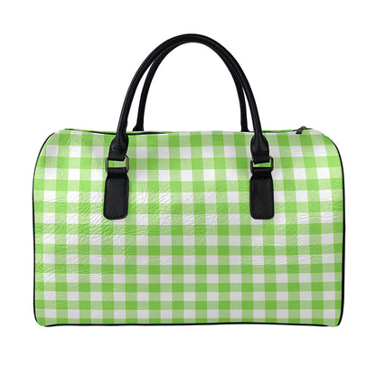 Pear Green And White Gingham Print Leather Duffle Bag