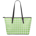 Pear Green And White Gingham Print Leather Tote Bag With Zipper