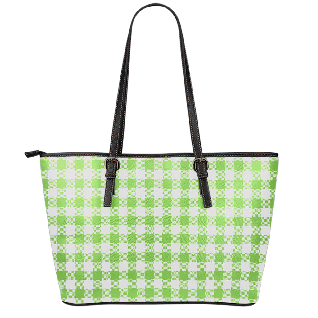 Pear Green And White Gingham Print Leather Tote Bag