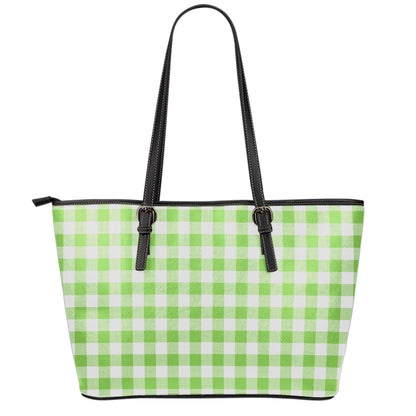 Pear Green And White Gingham Print Leather Tote Bag