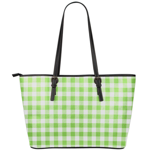 Pear Green And White Gingham Print Leather Tote Bag