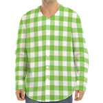 Pear Green And White Gingham Print Long Sleeve Baseball Jersey