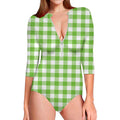 Pear Green And White Gingham Print Long Sleeve Swimsuit