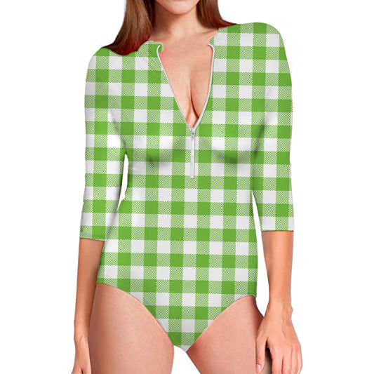Pear Green And White Gingham Print Long Sleeve Swimsuit