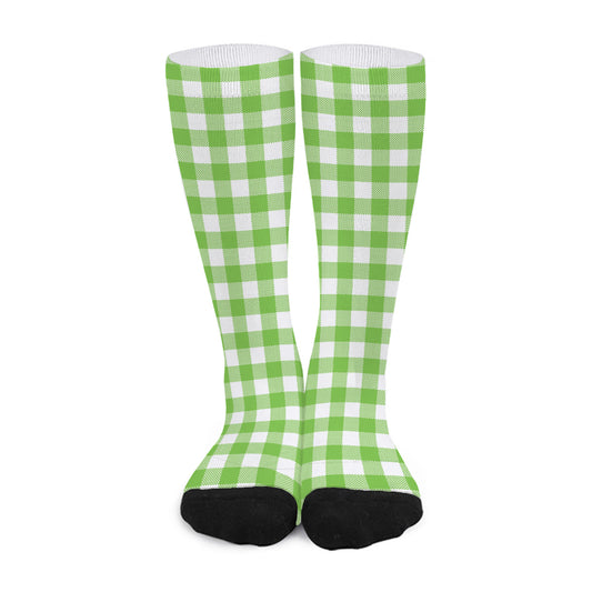 Pear Green And White Gingham Print Long Socks