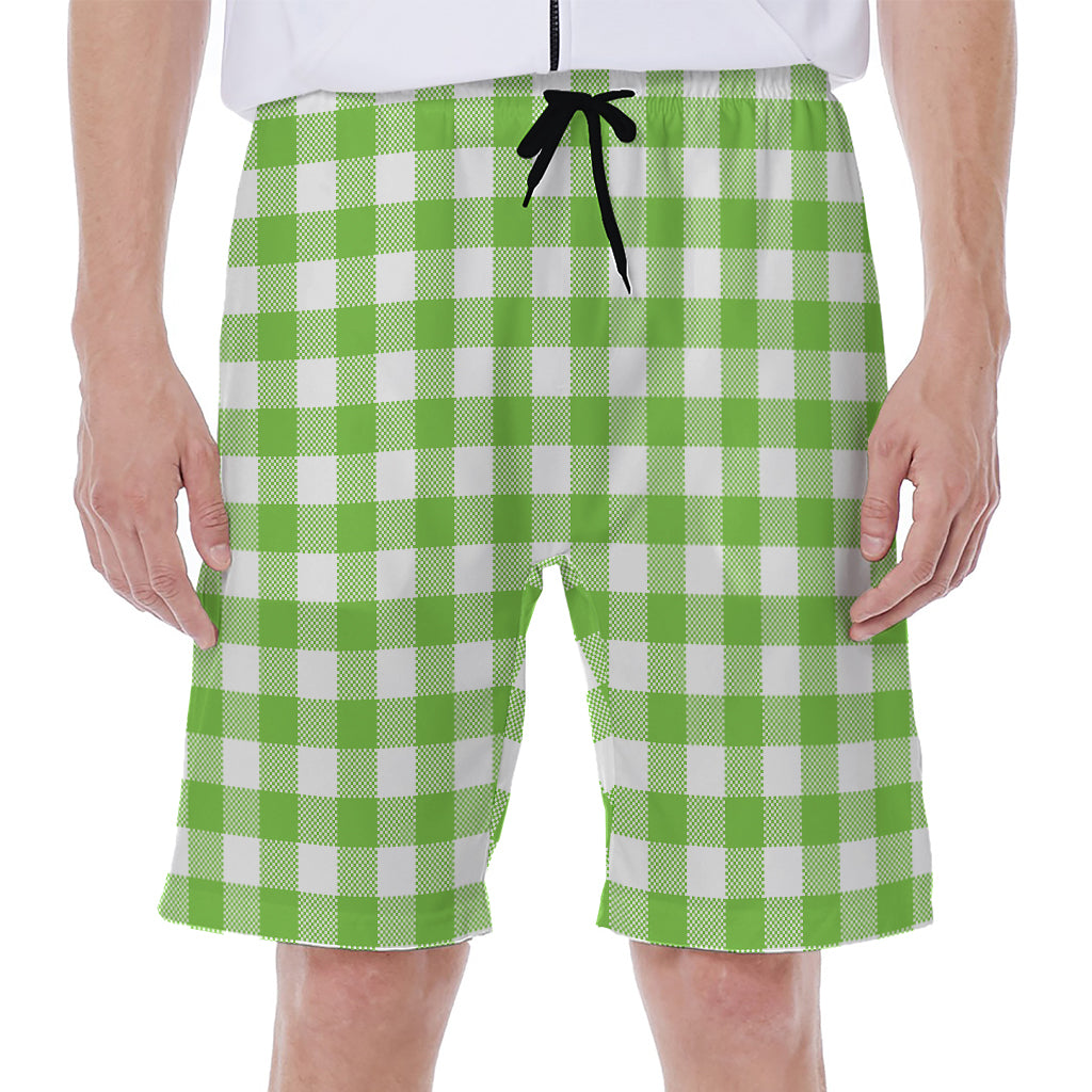 Pear Green And White Gingham Print Men's Beach Shorts