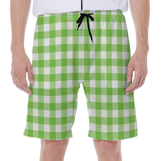 Pear Green And White Gingham Print Men's Beach Shorts