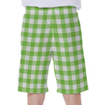 Pear Green And White Gingham Print Men's Beach Shorts