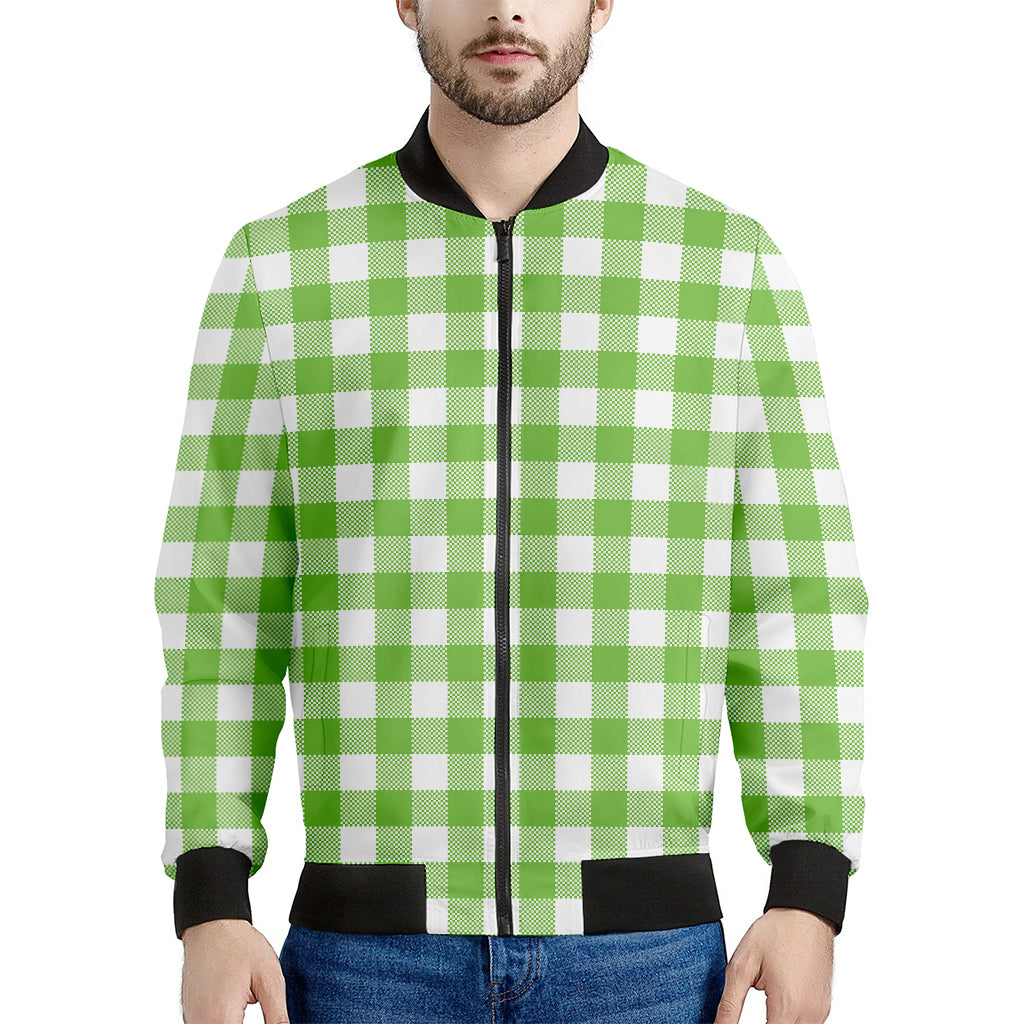 Pear Green And White Gingham Print Men's Bomber Jacket