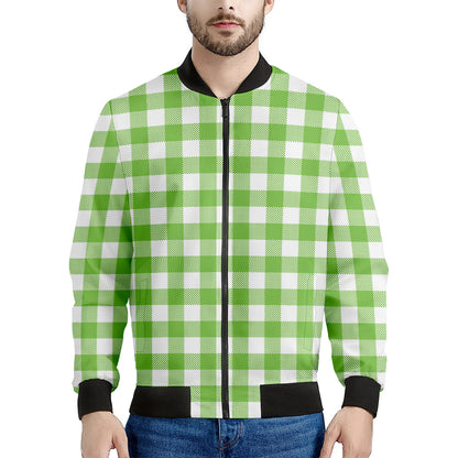 Pear Green And White Gingham Print Men's Bomber Jacket
