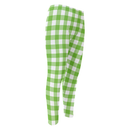 Pear Green And White Gingham Print Men's Compression Pants