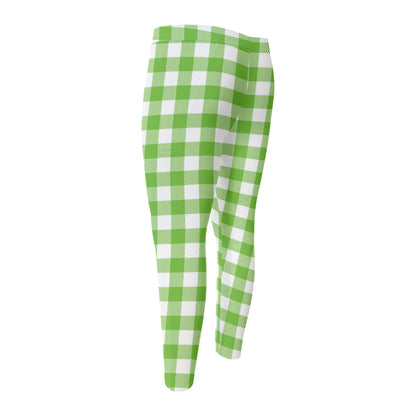 Pear Green And White Gingham Print Men's Compression Pants