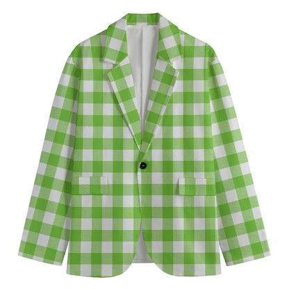 Pear Green And White Gingham Print Men's Cotton Blazer