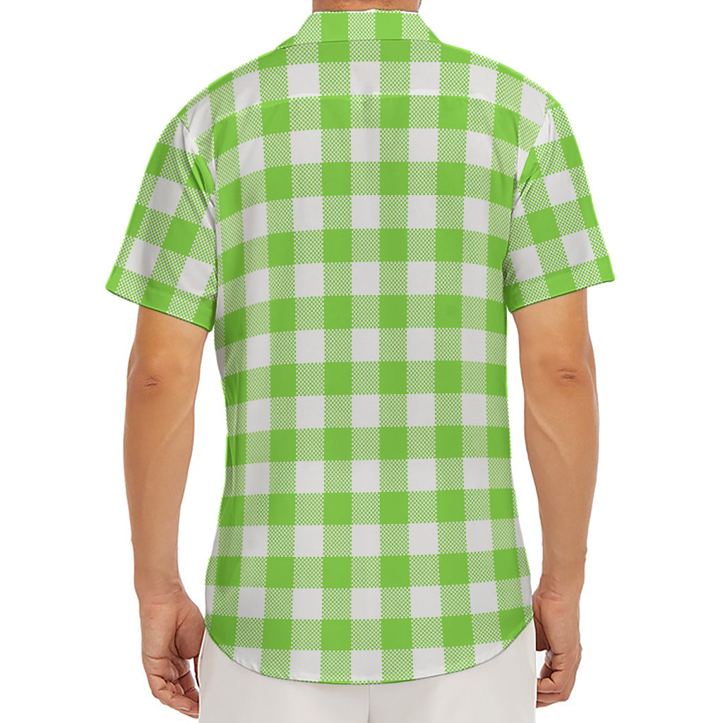 Pear Green And White Gingham Print Men's Deep V-Neck Shirt