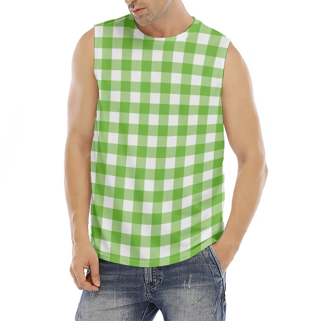 Pear Green And White Gingham Print Men's Fitness Tank Top