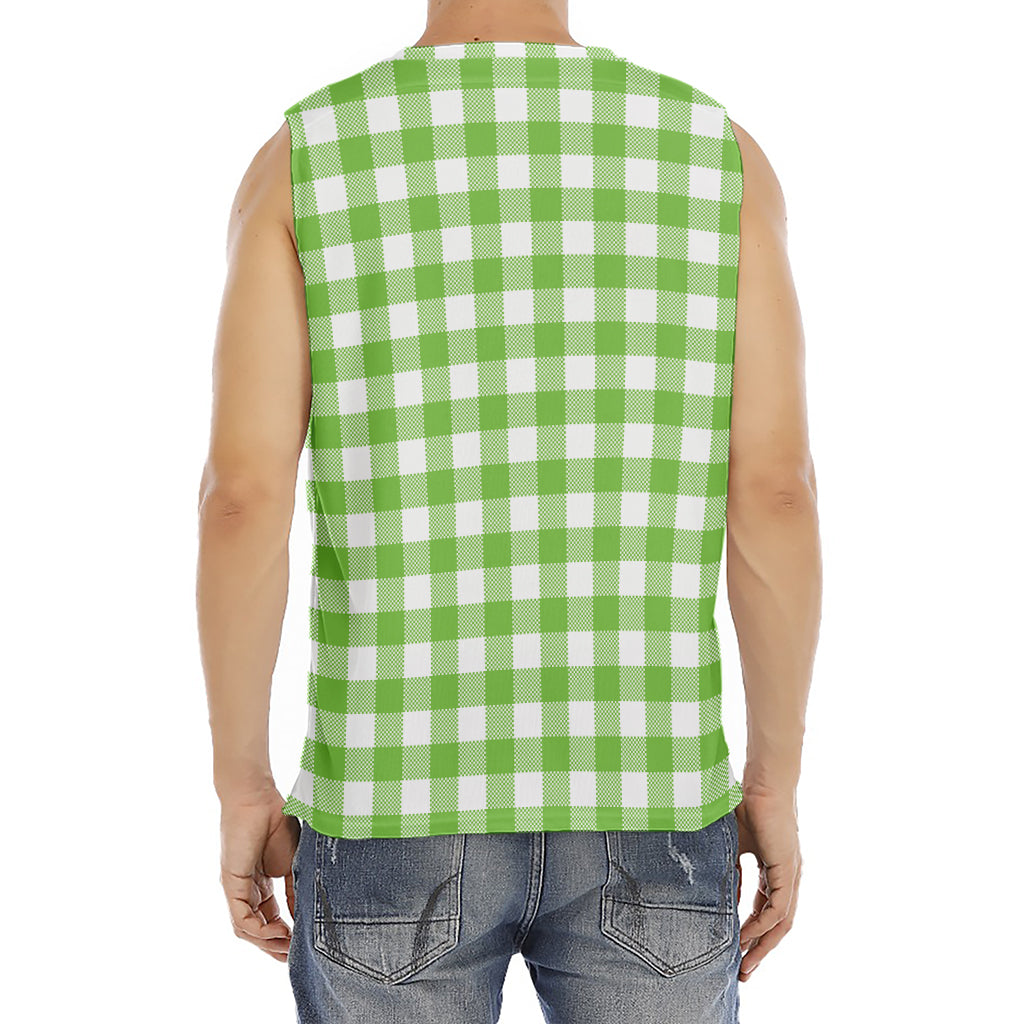 Pear Green And White Gingham Print Men's Fitness Tank Top