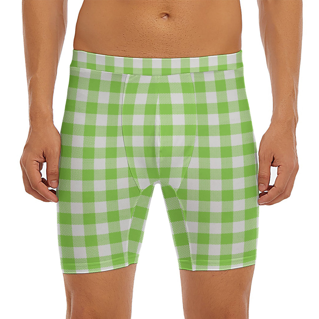 Pear Green And White Gingham Print Men's Long Boxer Briefs
