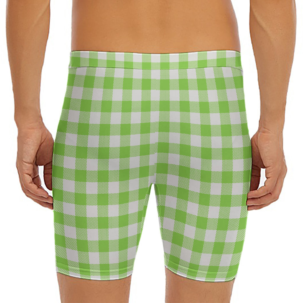 Pear Green And White Gingham Print Men's Long Boxer Briefs