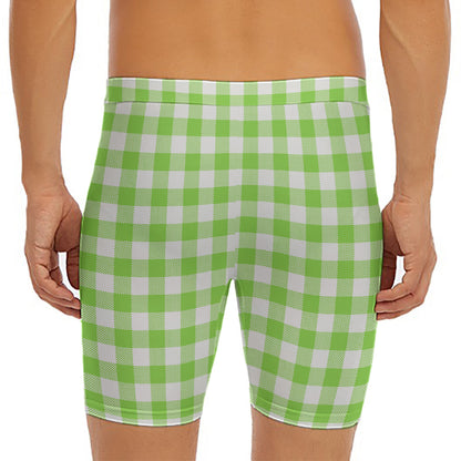 Pear Green And White Gingham Print Men's Long Boxer Briefs