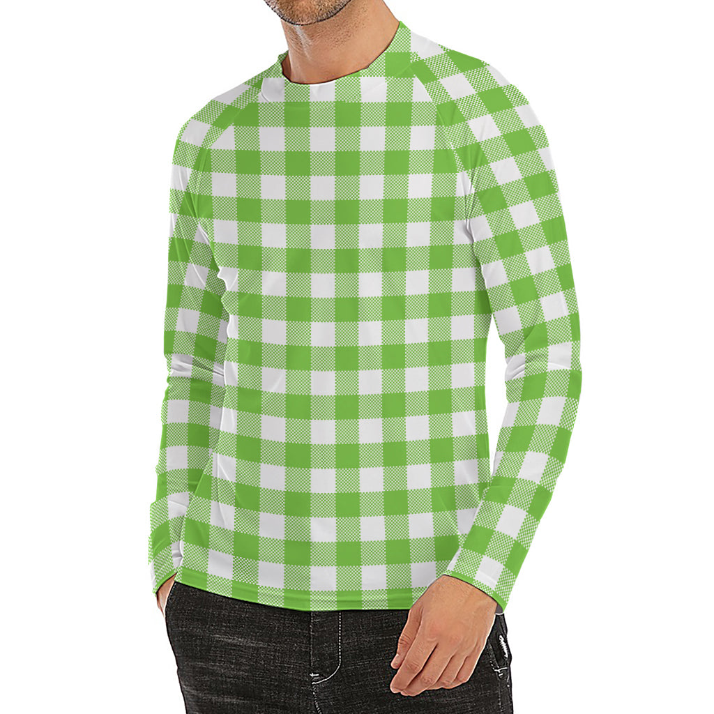Pear Green And White Gingham Print Men's Long Sleeve Rash Guard