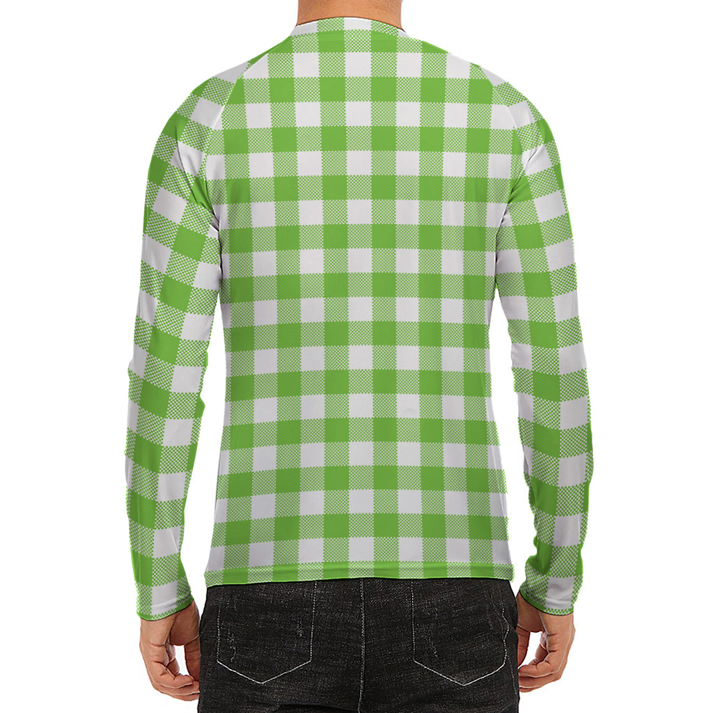 Pear Green And White Gingham Print Men's Long Sleeve Rash Guard