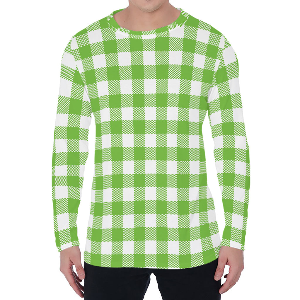 Pear Green And White Gingham Print Men's Long Sleeve T-Shirt