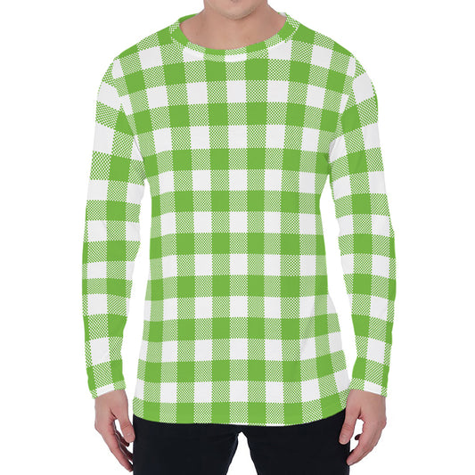 Pear Green And White Gingham Print Men's Long Sleeve T-Shirt