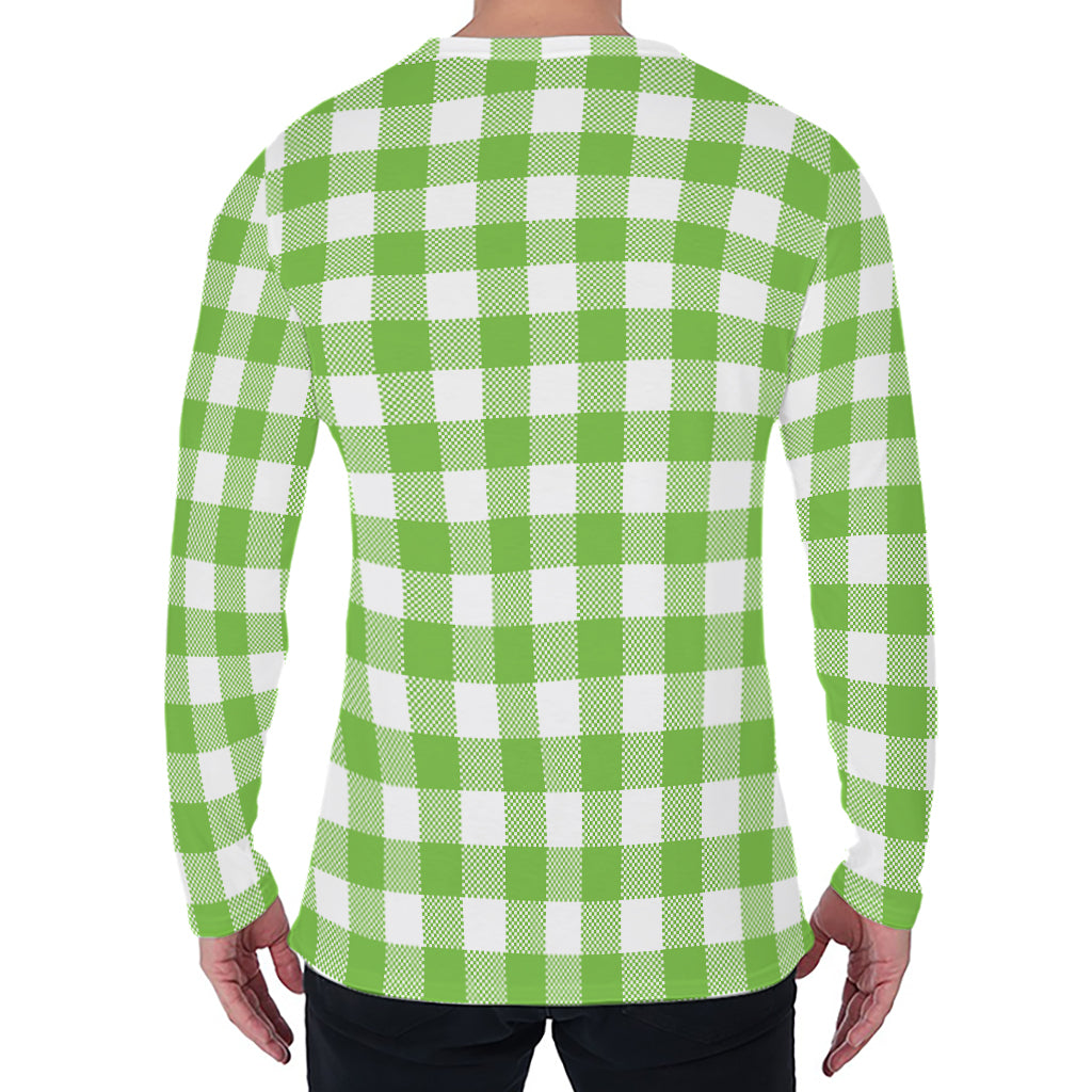 Pear Green And White Gingham Print Men's Long Sleeve T-Shirt