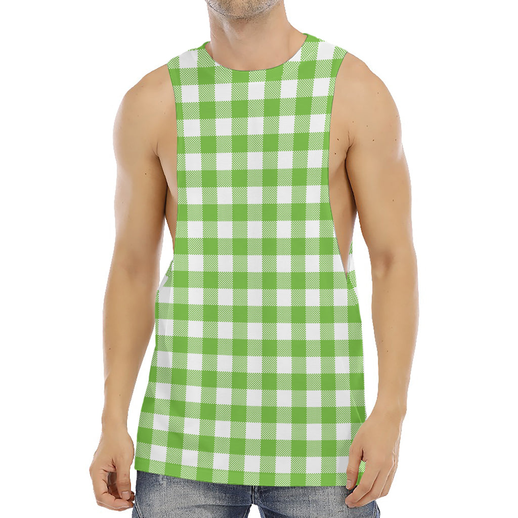 Pear Green And White Gingham Print Men's Muscle Tank Top