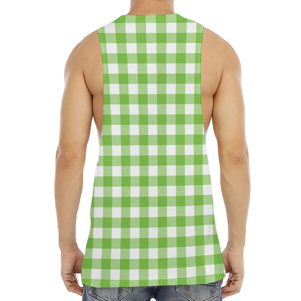 Pear Green And White Gingham Print Men's Muscle Tank Top