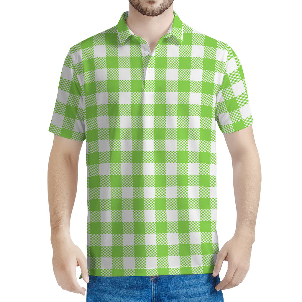 Pear Green And White Gingham Print Men's Polo Shirt