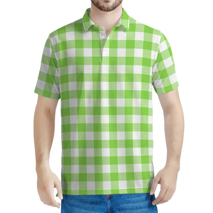 Pear Green And White Gingham Print Men's Polo Shirt
