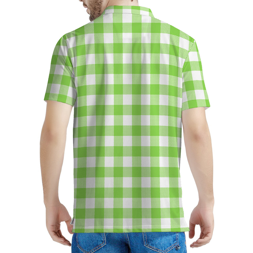 Pear Green And White Gingham Print Men's Polo Shirt
