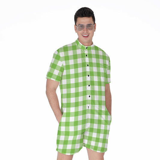 Pear Green And White Gingham Print Men's Rompers